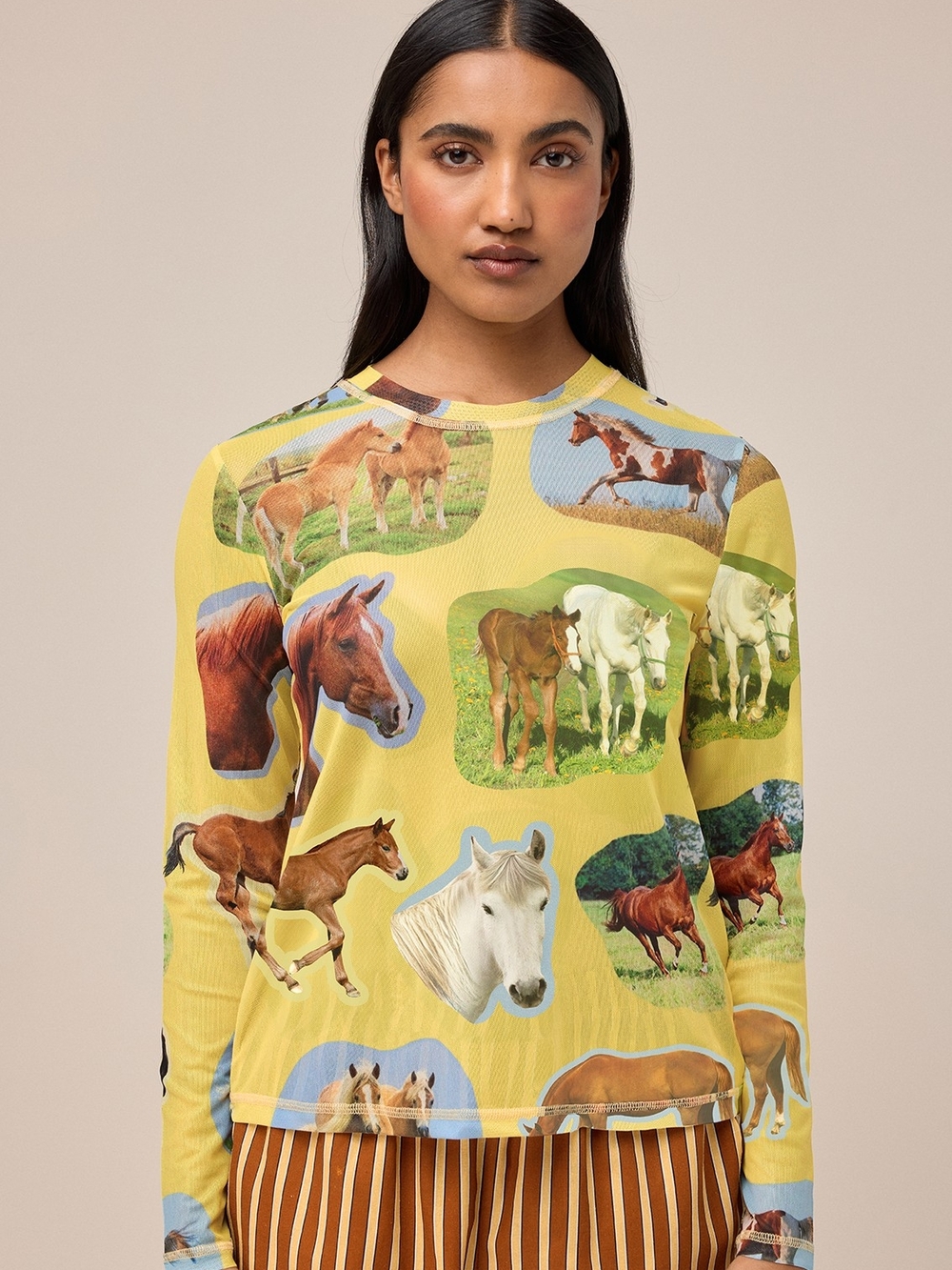 Yellow Horse Print Long Sleeve Top